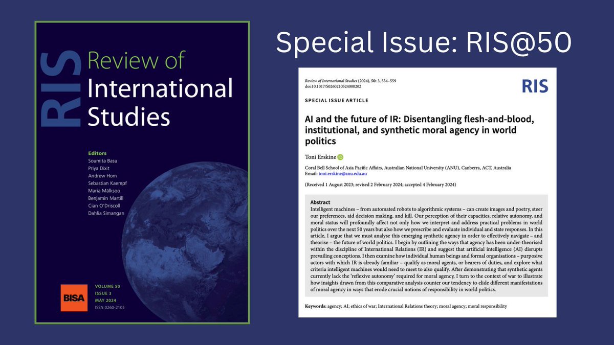 In our latest issue, @Toni_Erskine tackles how AI will influence international relations and world politics in the future. Check out her video abstract on our website! Watch Here 📺👉 buff.ly/4dnV5To Read Here 📄 👉 buff.ly/3QOlOil