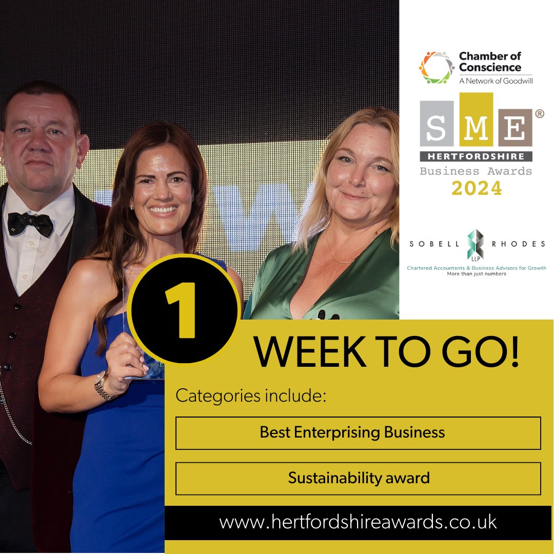 ❗Only ONE week to go till our SME Entries close! 🥳 The SME Hertfordshire Business Awards provide an excellent opportunity for SMEs in Hertfordshire to enhance their visibility, and applaud excellence in our county. 👉 tinyurl.com/586h6ss9 @eventsandprmk