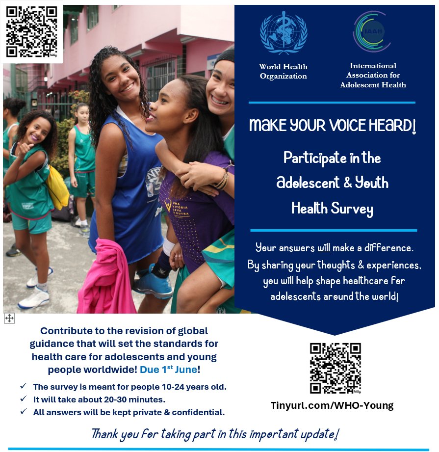 If you are 10-24, @WHO wants to hear your views on global standards for healthcare for young people. tinyurl.com/WHO-Young