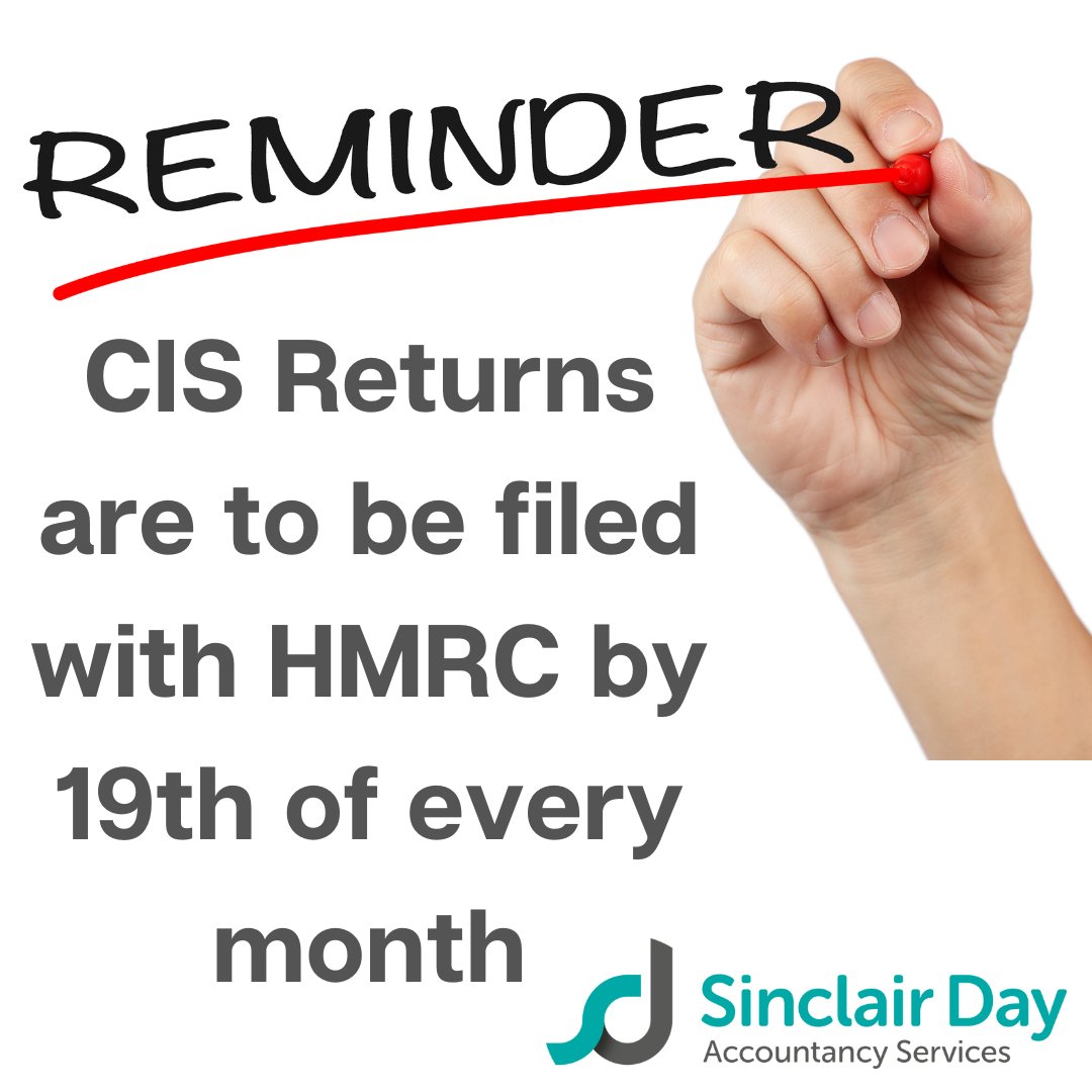 FINAL reminder to anyone in the Construction Industry Scheme (CIS) that your CIS Return needs to be filed with HMRC by the 19th (of every month). #accountancy #CIS #Construction #HMRC #accountantswithadifference