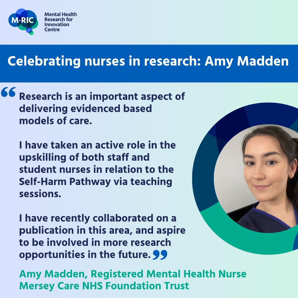 We end our week celebrating inspirational nurses in research by focusing on Amy Madden, a Registered Mental Health Nurse at @Mersey_Care. Amy is working hard to upskill staff and student nurses so they can better support patients who self-harm. Brilliant work Amy! #IND2024
