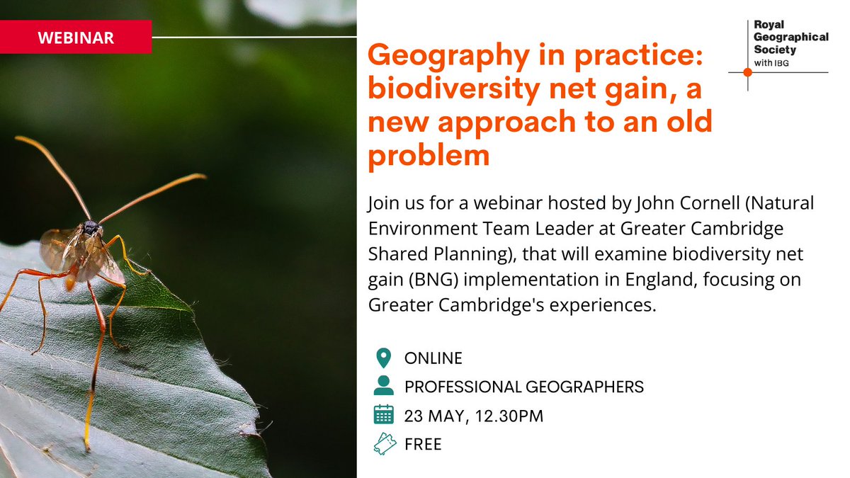 Join us for our next geography in practice webinar titled, 'Biodiversity net gain, a new approach to an old problem'. This session will examine biodiversity net gain (BNG) implementation in England, focusing on Greater Cambridge's experiences.🌱🏘️ 👉 ow.ly/eshc50RH6xk