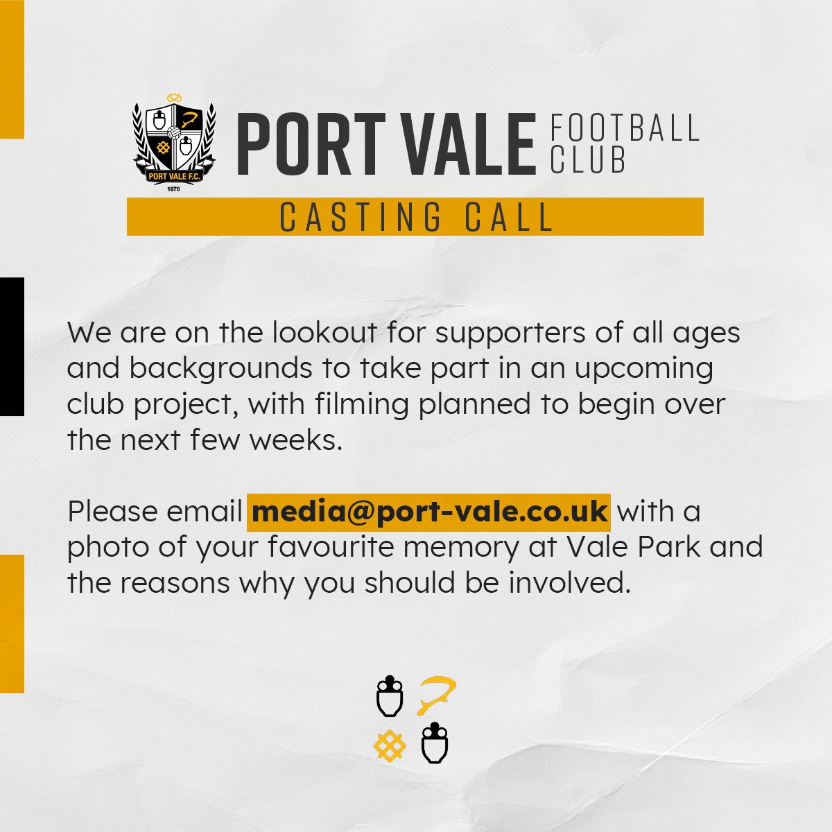 Do you want to be involved in a club project taking place over the next few weeks? 👀 Email media@port-vale.co.uk with a photo of your favourite memory at Vale Park and the reasons why you should be involved!👇