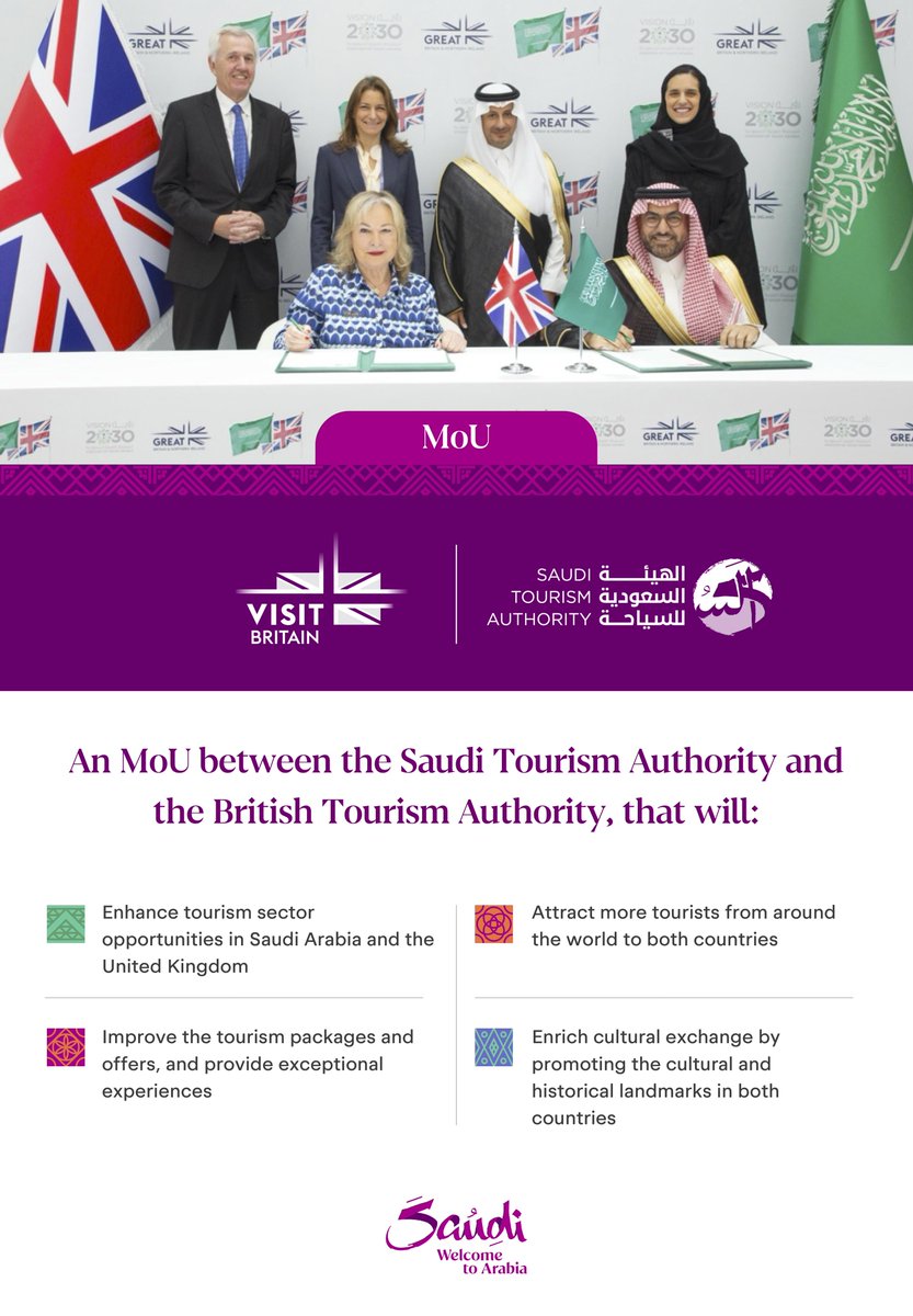 At the GREAT FUTURES exhibition, the #SaudiTourismAuthority and the #BritishTourismAuthority signed an MoU to strengthen the tourism sector and achieve shared sector goals between the two countries.