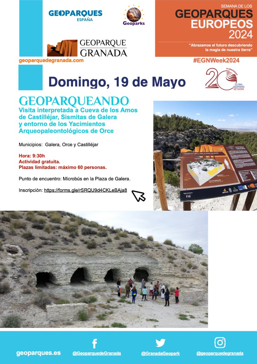 #Geoparqueando.  Visita interpretada a la Cueva de los Amos de #Castilléjar, Sismitas de #Galera y entorno de los Yacimientos Arqueopaleontológicos de #Orce. Domingo, 19 9:30h Actividad gratuita. NECESARIO INSCRIBIRSE forms.gle/rSRQU9d4CKLeBA… #egnweek2024 @GeoparquesEsp