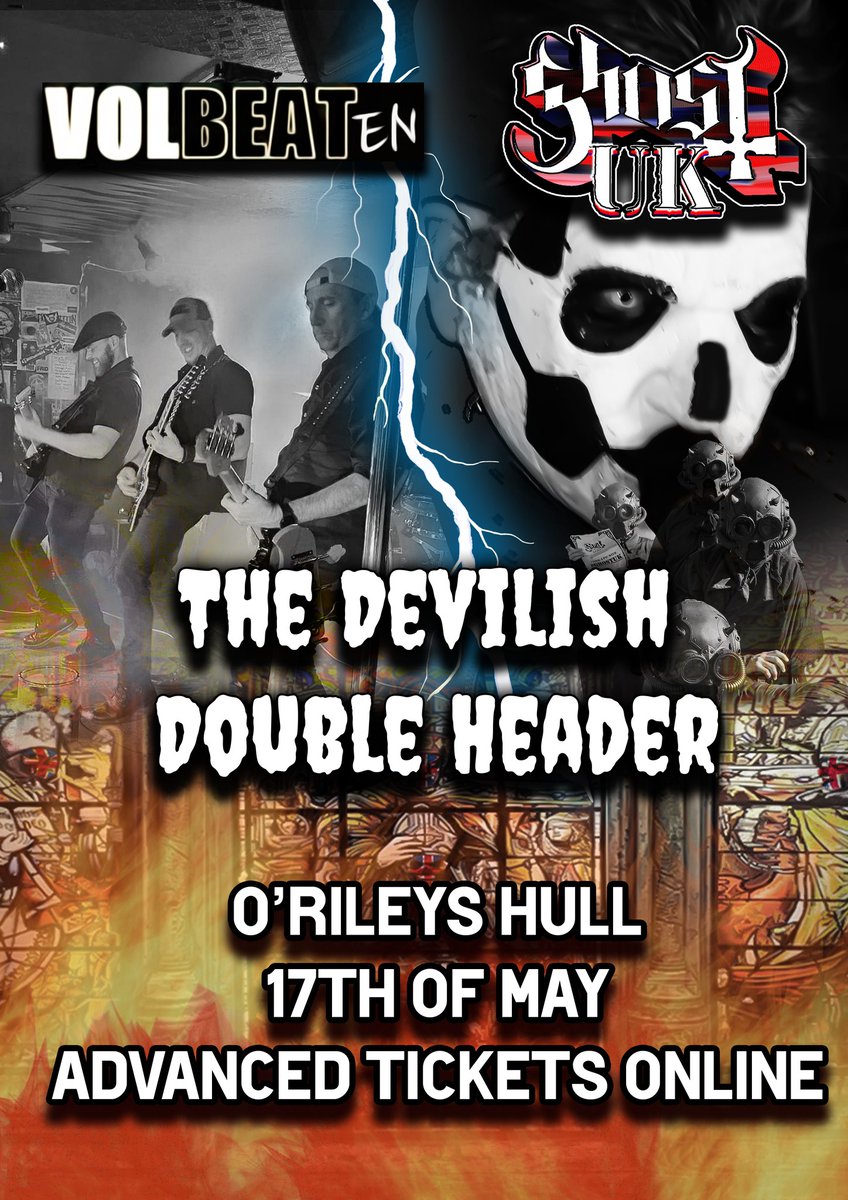 Tonight at O'Rileys two awesome rock tributes Ghost UK & @VOLBEATenUK - tickets £15 plus bf good-show.co.uk/events/741 or £20 otd (cash/card). Doors 7pm, first band 7.30pm @livemusicinhull @gr8musicvenues @bbcburnsy @HULLwhatson @VHEY_UK @VisitHull @VisitHullEvents