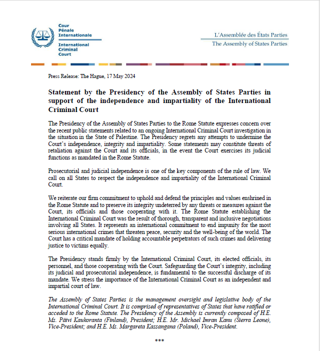 Statement by the Presidency of the Assembly of States Parties in support of the independence and impartiality of the International Criminal Court asp.icc-cpi.int/node/12837