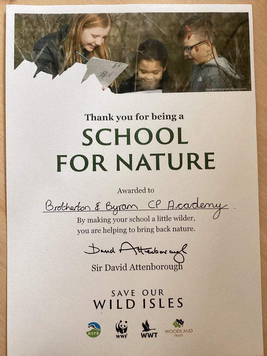 @bandbschool We are very proud to have received a certificate from @davidattenborough for being a school for nature. @eboractrust @RSPBEngland