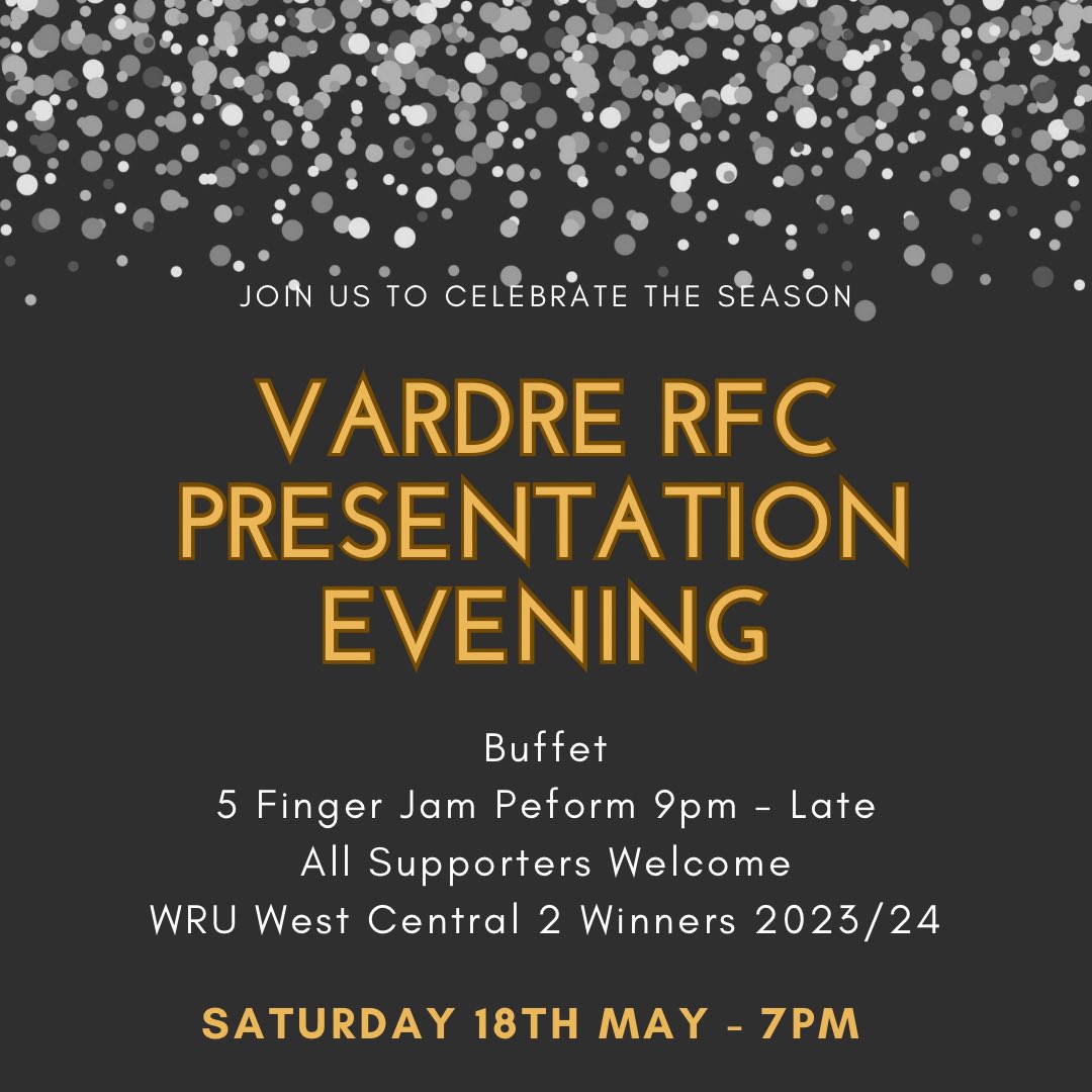 SENIOR PRESENTATION EVENING WRU Division 2 West Central League Winners trophy will be presented at 18:50. Last chance to vote for Supporters player of the year will be today and tomorrow afternoon ⚫️⚪️