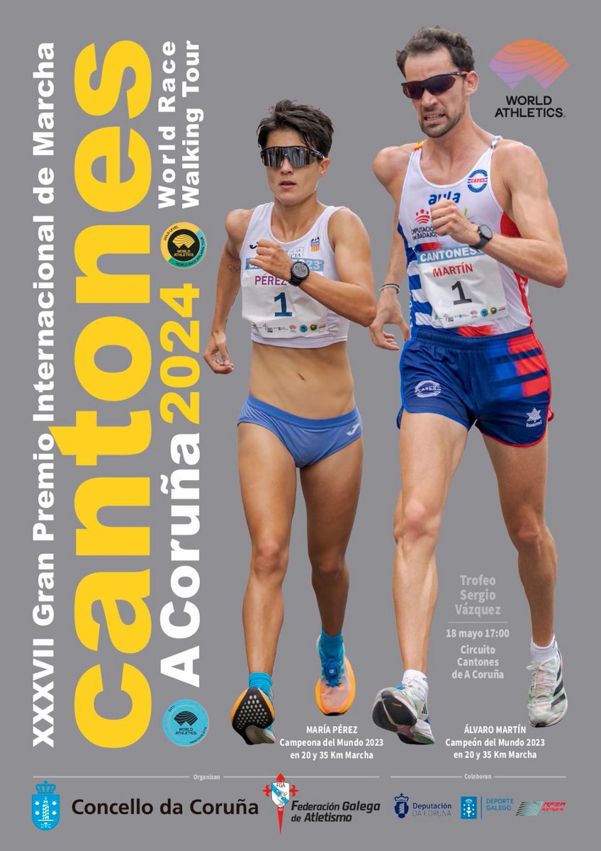 ¡Llega la mejor prueba del mundo de Marcha! Este sábado: @GPCantones 📍A Coruña ¿Necesitas motivos para seguirla? ➕ Los bicampeones del Mundo🥇🌎🇪🇸🇪🇸 ➕ Los campeones del Mundo 🥇🇪🇸 de 20km por equipos en🇹🇷 ➕Las🥉🇪🇸 por equipos de 20km en🇹🇷 ➕El futuro gallego de la