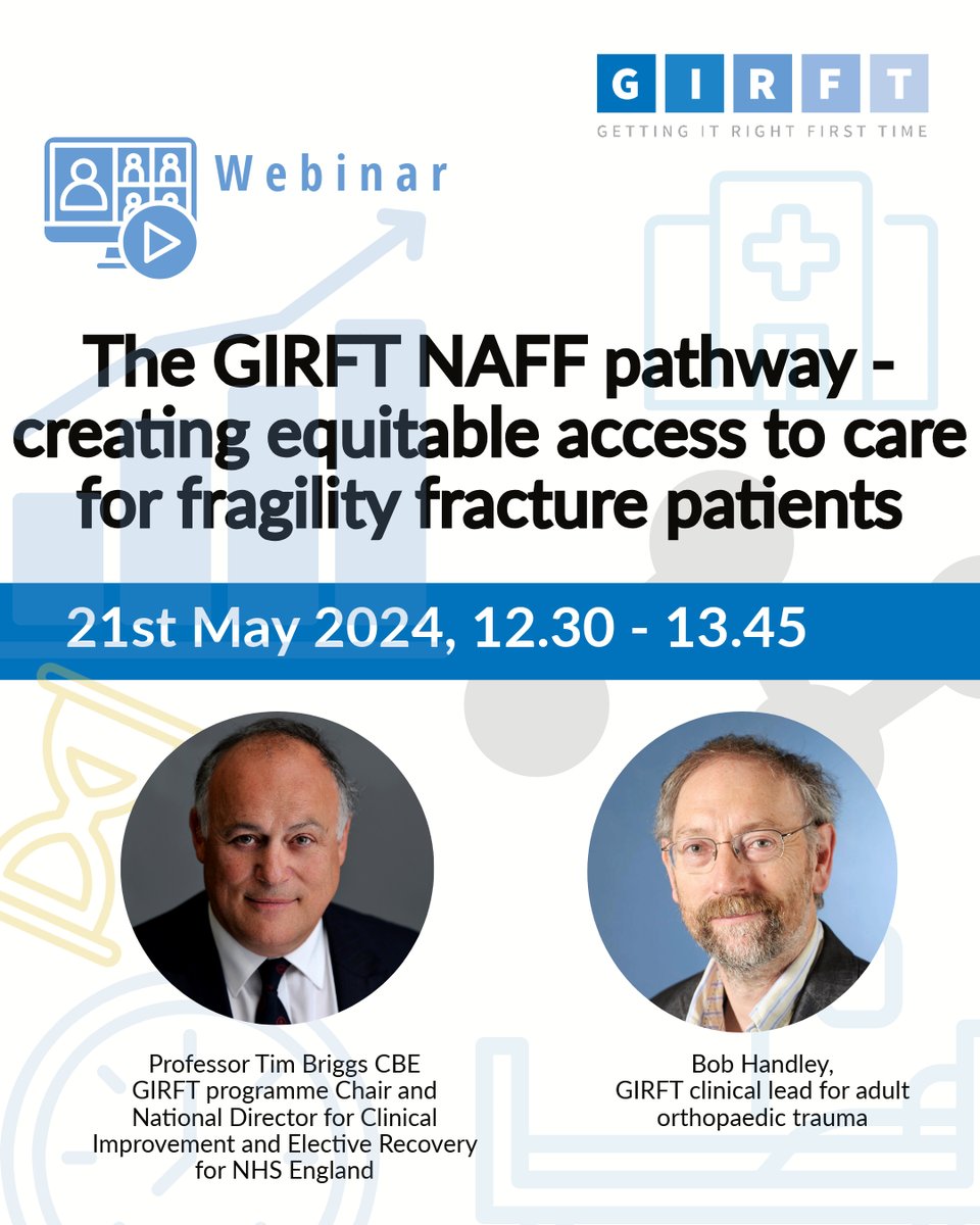 GIRFT’s non-ambulatory fragility fracture (NAFF) pathway aims to ensure all patients receive excellent and equitable care Join our webinar to hear our specialty experts discuss the recently published GIRFT NAFF guidance bit.ly/3WzzqS9 Register: bit.ly/3ylafsM