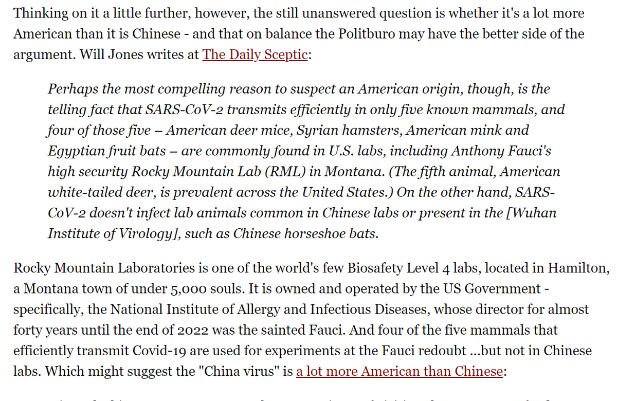 Mark Steyn draws attention to an interesting claim regarding COVID: that it is uniquely transmissible in species used as US lab animals steynonline.com/14318/curiouse… . I don't know if this is true. But it's long been my suspicion that US scientists - Fauci, Daszak et al - knew more