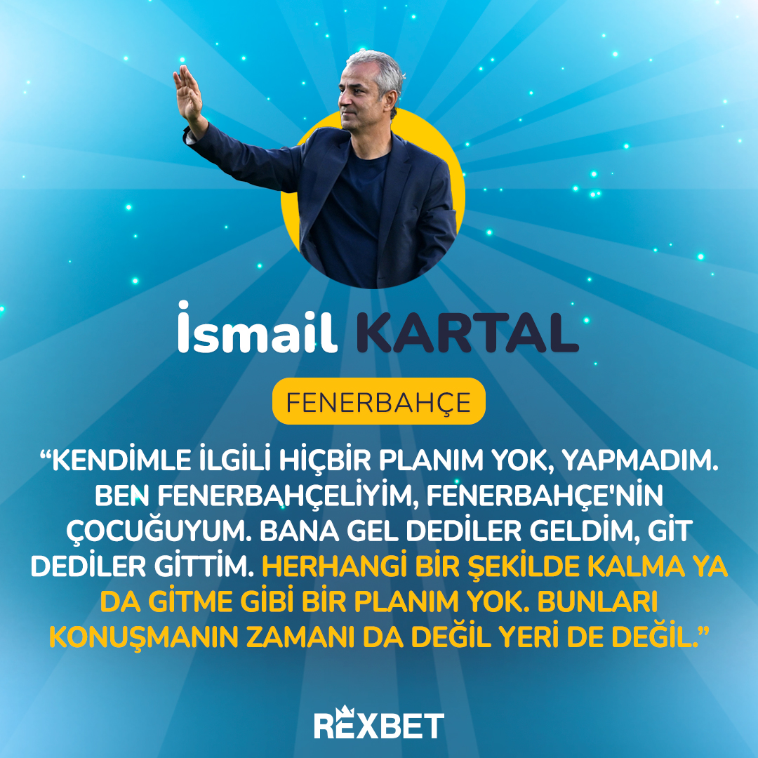 🗣 Fenerbahçe Teknik Direktörü İsmail Kartal, takımdan ayrılık ile ilgili gelen sorulara bu sözleri ile yanıt verdi. Rexbet Giriş: bit.ly/444ZExH