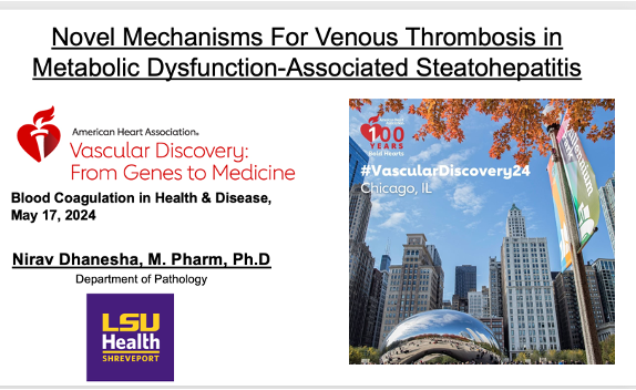 Want to lear more about mechanisms for #VTE in #MASH?
An exciting project in collaboration with <a href="/oren_rom/">Oren Rom</a> 
<a href="/LSUHS/">LSU Health Shreveport</a> 
Join us today at 10 AM for 
"Concurrent Session 3b: Blood Coagulation in Health &amp; Disease" #VascularDiscovery2024 <a href="/AHAScience/">AHA Science</a>