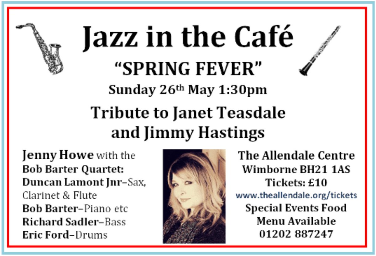 Jazz in the Cafe: Spring Fever Sunday 26th May, 1:30pm theallendale.org/tickets Jenny Howe and The Bob Barter Quartet are back at Café @ The Allendale for a lunchtime Jazz session, with a tribute to Janet Teasdale and Jimmy Hastings. #allendale #wimborne #dorset #jazz #jazzmusic