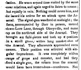 #OTD May 17, 1842, Thomas Wilson Dorr, 'the People's Governor' attempted to take over the state arsenal. After a procession with 1,300 people (260 of them armed, 72 on horseback) & 6 cannons through Olneyville-- Dorr pointed the cannons at the building, they failed to fire.
