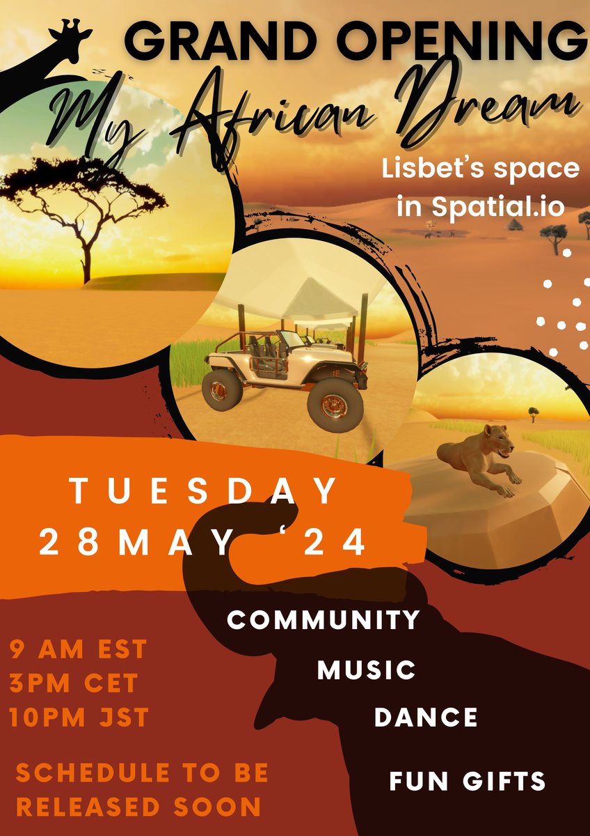 🐘 MY AFRICAN DREAM: Space Opening🐘 I am so excited to open my first official space in @Spatial_io and bring some of my home to the metaverse! You are all invited to join the opening: 🗓️ Tuesday, 28 May 2024 ⏲️ 9am EST / 3pm CET / 10 pm JST Stay tuned for more info, I can't