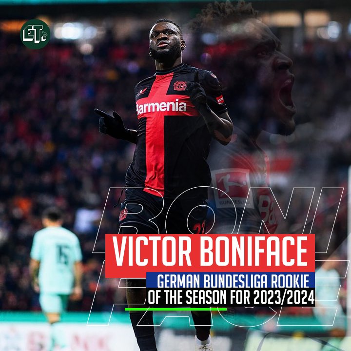 Congratulations to Victor Boniface on being named as the German Bundesliga’s Rookie of the Season for 2023/2024 Stats so far: 🏟️: 22 games ⚽️: 13 goals 🅰️: 8 assists What do you think of the season he’s had ? 🤔