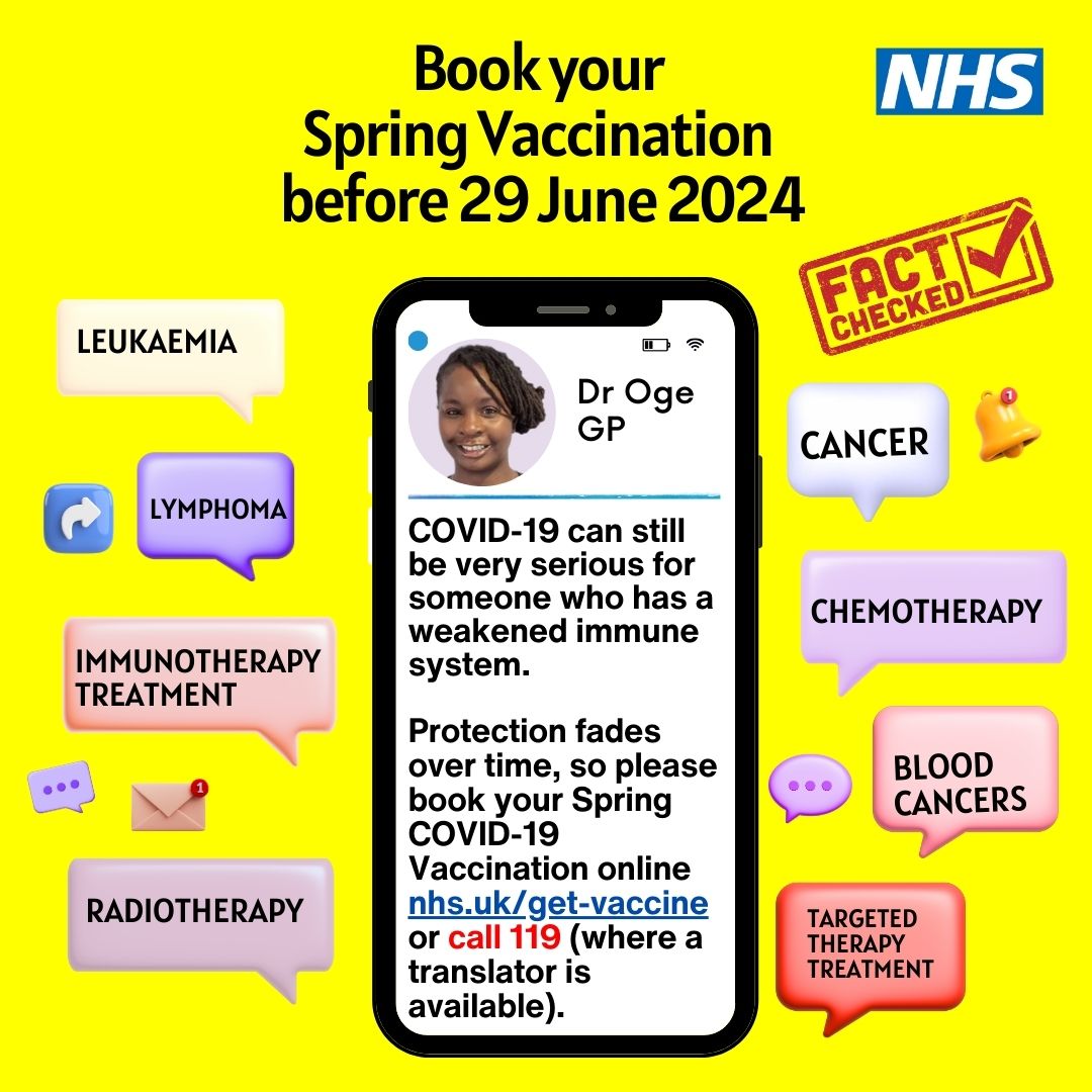 Book your Spring COVID-19 Vaccination before 29 June 2024! COVID-19 is still serious for people with weakened immune systems nhs.uk/get-vaccine @_TPHC