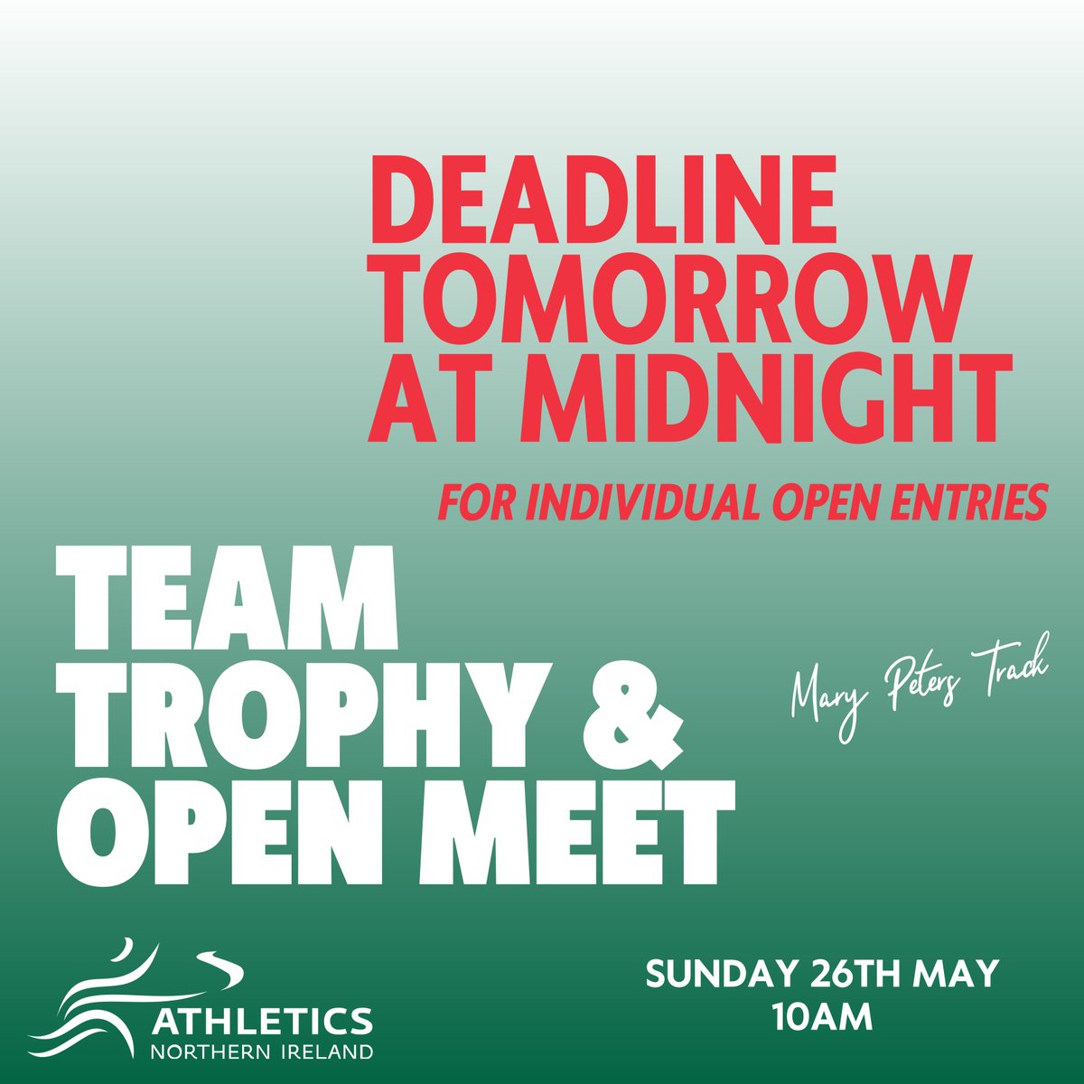 📢 Deadline for Open Entries at Team Trophy & Open Meet Last opportunity for individual open entries at the Team Trophy & Open Meet. The deadline to sign up is tomorrow (Monday 20th May) at midnight. More info and online registration 👇 athleticsni.org/Fixtures/Team-…