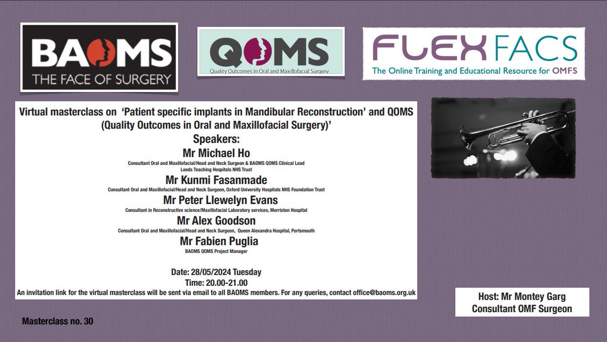 Another #Flexfacs masterclass is on 28/05/24 on Patient-specific implant for mandibular #recon and the new related #QOMS registry. As usual open to all @BAOMSOfficial members Thanks @gargmont for organising it! Plz share! #omfs #training