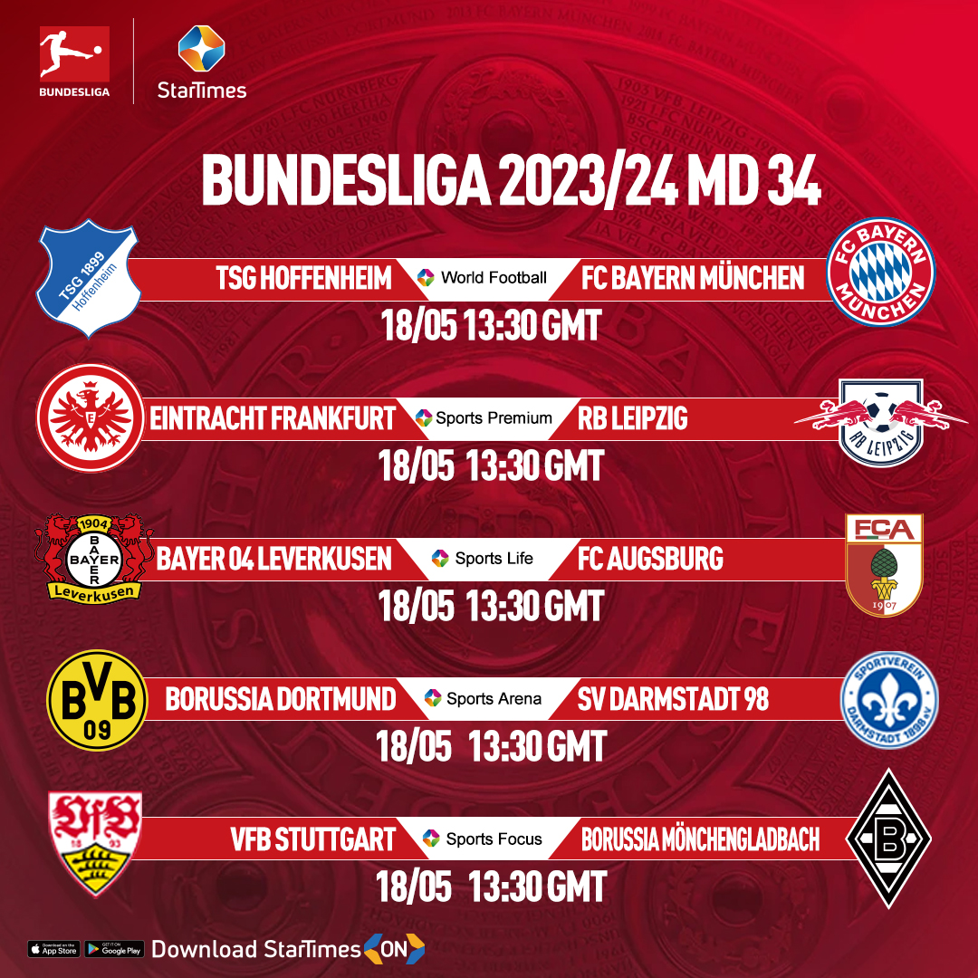🔥 Get ready for an action-packed weekend as the Bundesliga wraps up in style! - #BayerLeverkusen, unbeaten in 50 matches, takes on #FCAugsburg at home, aiming to make history as the first team to win the championship undefeated! - #BayernMünchen, sitting in second place, will