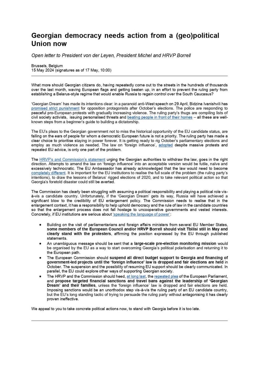 Georgian 🇬🇪 democracy needs action from a (geo)political Union now. An open letter from 122 academics and think-tank experts to the President @vonderleyen, President @eucopresident and HRVP @JosepBorrellF ➡️ tinyurl.com/28b46w2z #notoRussianlaw