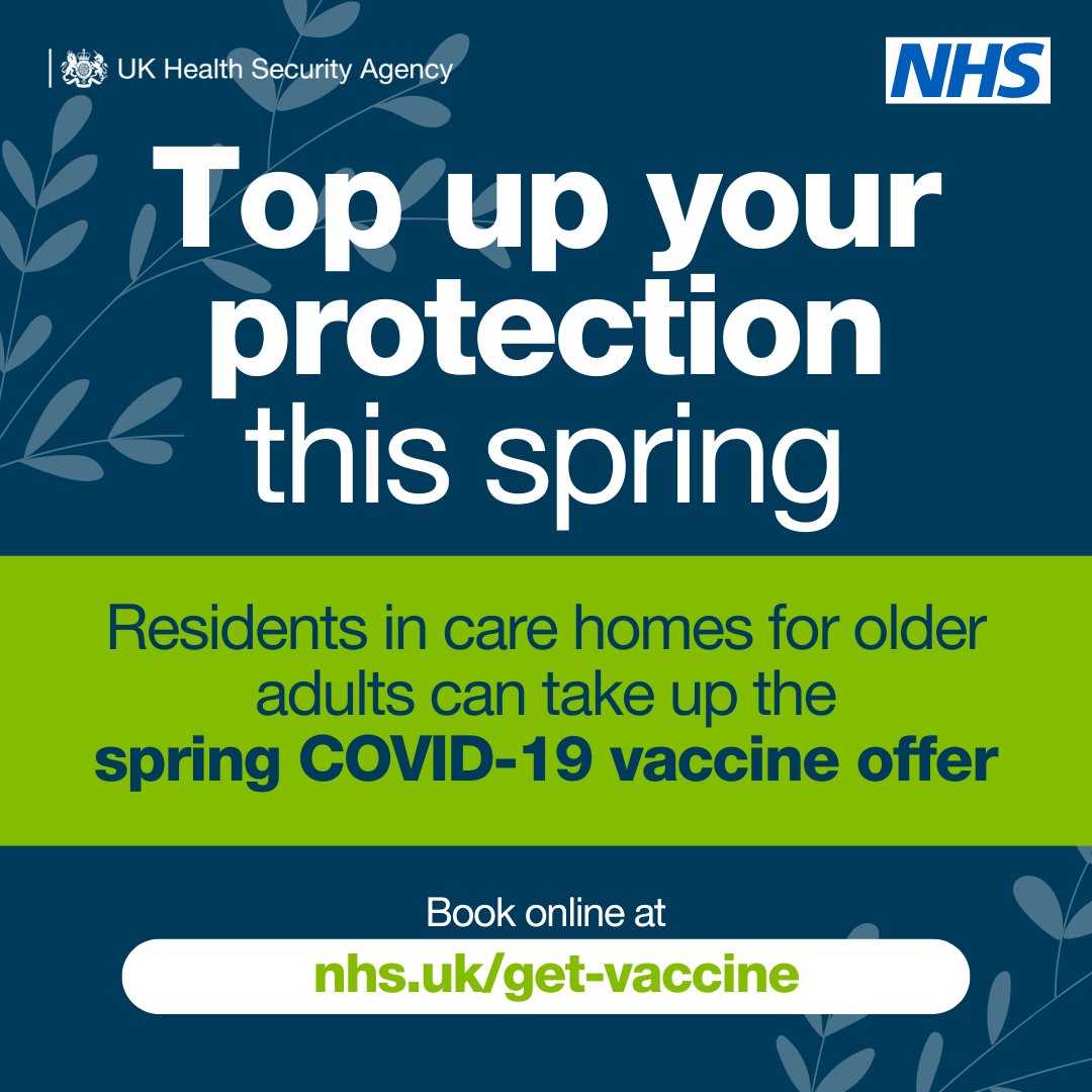 Our latest data show that COVID-19 case numbers are still rising. Eligible people, including residents in care homes for older adults can book their spring #COVID19 vaccine online or via the #NHSApp 📱 Find out more and book at: nhs.uk/conditions/cov…