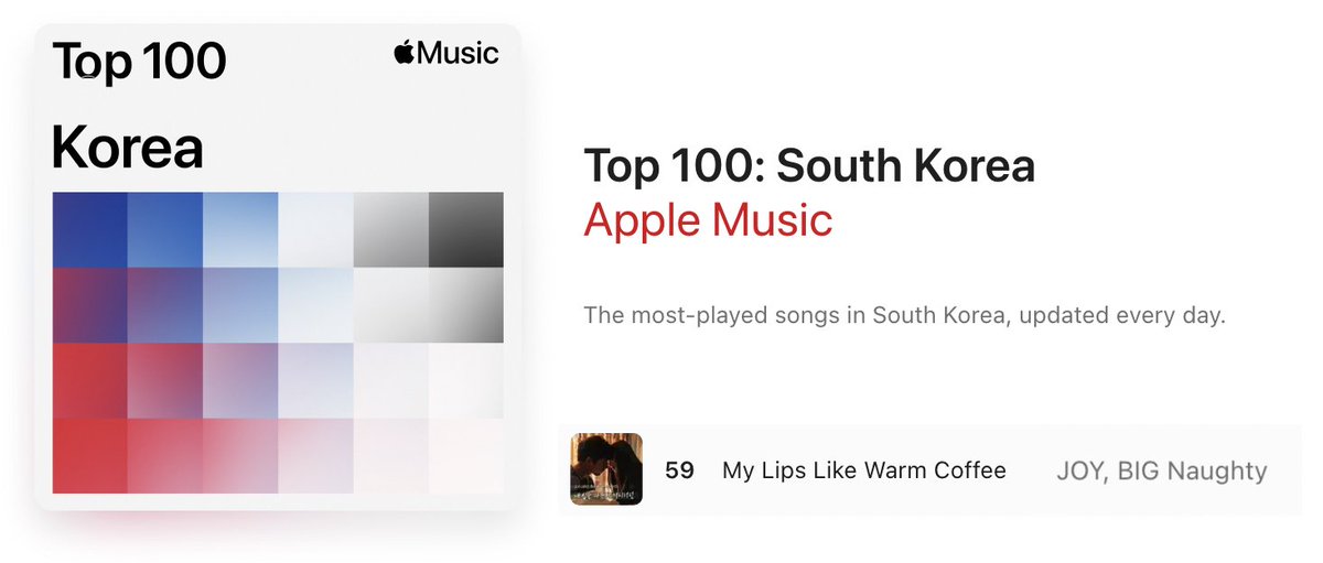 [📈] JOY x BIG Naughty 'My Lips Like Warm Coffee' is #59 on Apple Music's Top 100: South Korea Chart. 💚 🔗music.apple.com/ph/album/my-li… #JOY #조이 #레드벨벳 #레드벨벳조이 #RedVelvet #ParkSooyoung #JOYxBigNaughty_OST @RVsmtown