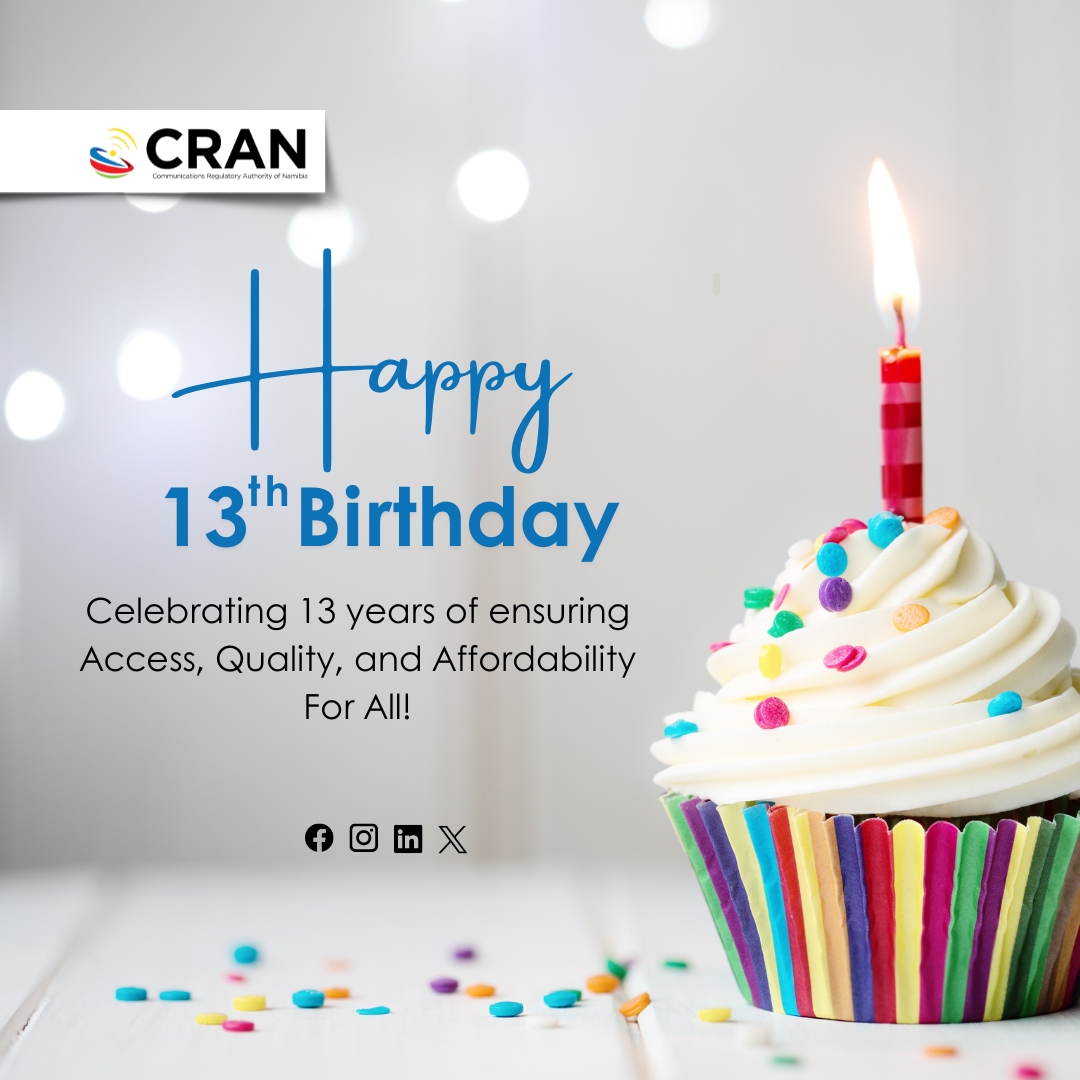 CRANamibia's tweet photo. Today marks CRAN's 13th Anniversary! Over the years, we have worked tirelessly to regulate and enhance Namibia's ICT sector. Here is to many more years of innovation and growth.

#CRANAnniversary #ICTExcellence #CRANamibia https://t.co/7JoZCe1DIG