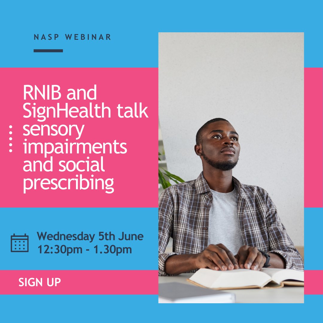 Sign up for our next webinar on the 5 June, 12:30pm - @RNIB and @SignHealth talk sensory impairments and social prescribing Two leading sensory impairment charities will talk about accessibility, support and signposting for disabled people: ow.ly/5OLr50RJvUI