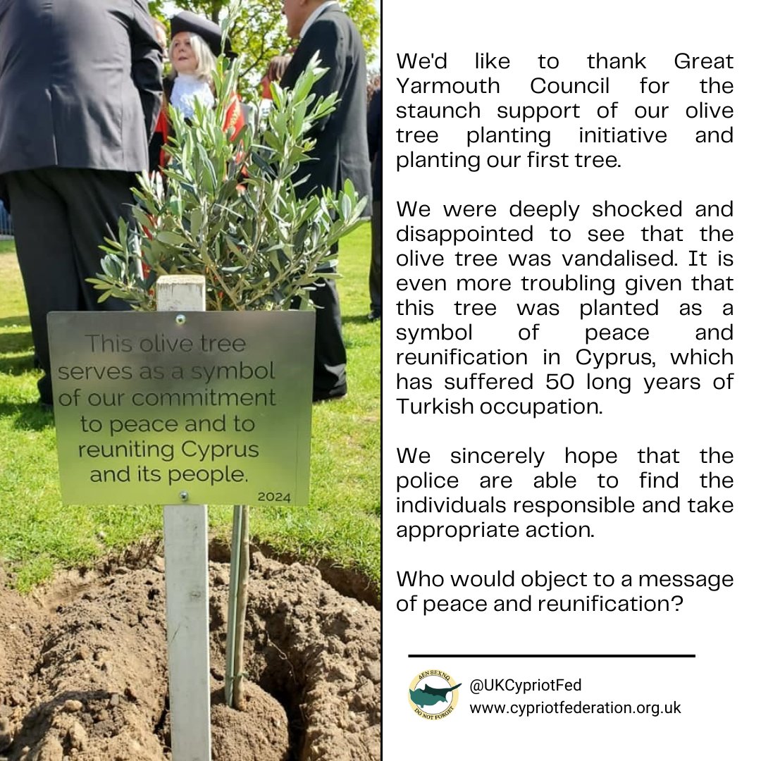 Shocked and disappointed to see that the olive tree we planted in @greatyarmouthbc to symbolise peace & reunification in #Cyprus has been vandalised. Read our statement below cypriotfederation.org.uk/2024/05/federa…