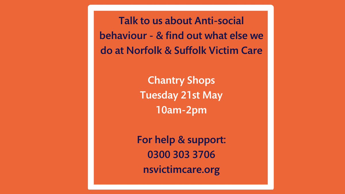 #antisocialbehaviour
#Ipswich – do you have something to say about ASB? Would you like to let us know what’s going on, or see what help & support is on offer?
We will be at Chantry Shops, Ipswich tomorrow, Tuesday 21st, from 10am-2pm. Come & have a chat with us