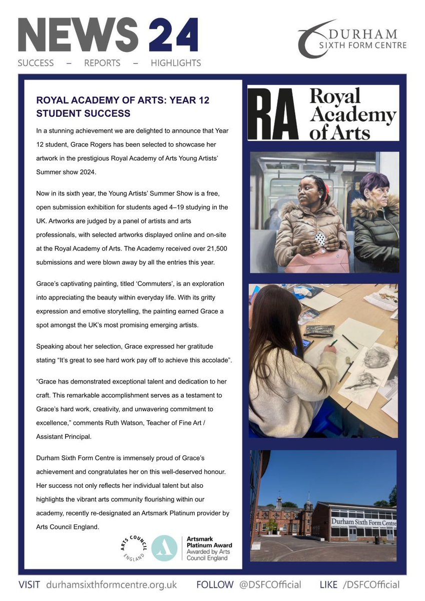 NEWS: 💬 In a stunning achievement, we are delighted to announce that Year 12 student, Grace Rogers, has been selected to showcase her artwork in the prestigious Royal Academy of Arts Young Artists’ Summer show 2024. Read more... buff.ly/3UL25RE