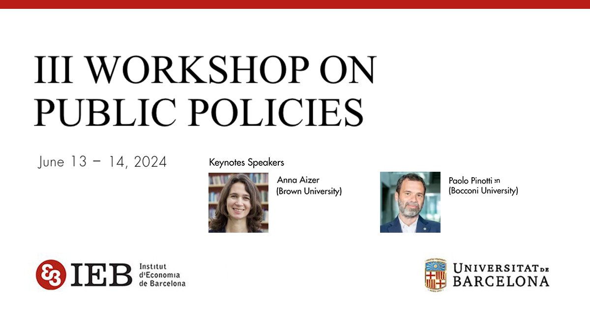 III Workshop on #PublicPolicies

Keynote speakers:
🗣️ Anna Aizer (@BrownUniversity)
🗣️  Paolo Pinotti (@Unibocconi)
 
📅 13-14 June, 2024
📍 @ubeconomics

ℹ️ i.mtr.cool/ocrirmsskb

#EconTwitter