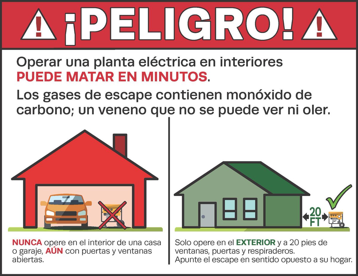 ¡Atención residentes de #Texas y #Louisiana! Si va a utilizar una planta o generador eléctrico, recuerde operarlos solamente en el exterior a por lo menos 20 pies o seis metros de distancia de su hogar y con el escape apuntando en sentido opuesto a su casa.