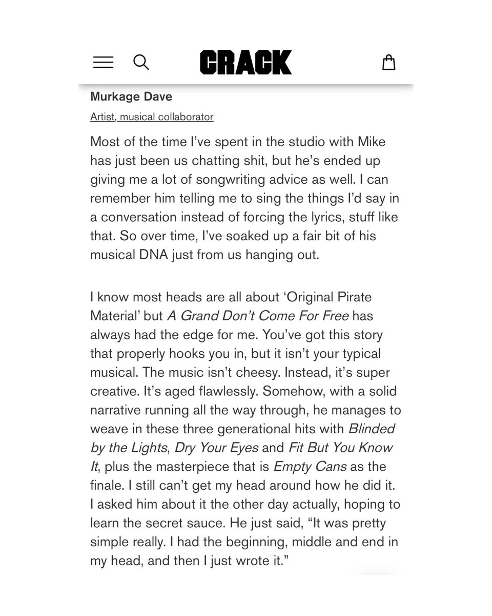 spoke to @CrackMagazine about the artistic influence I’ve soaked up from @mikeskinnerltd and why, as a fan, ‘A Grand Don’t Come For Free’ is my favourite Streets album. can’t believe it’s been out 20 years..