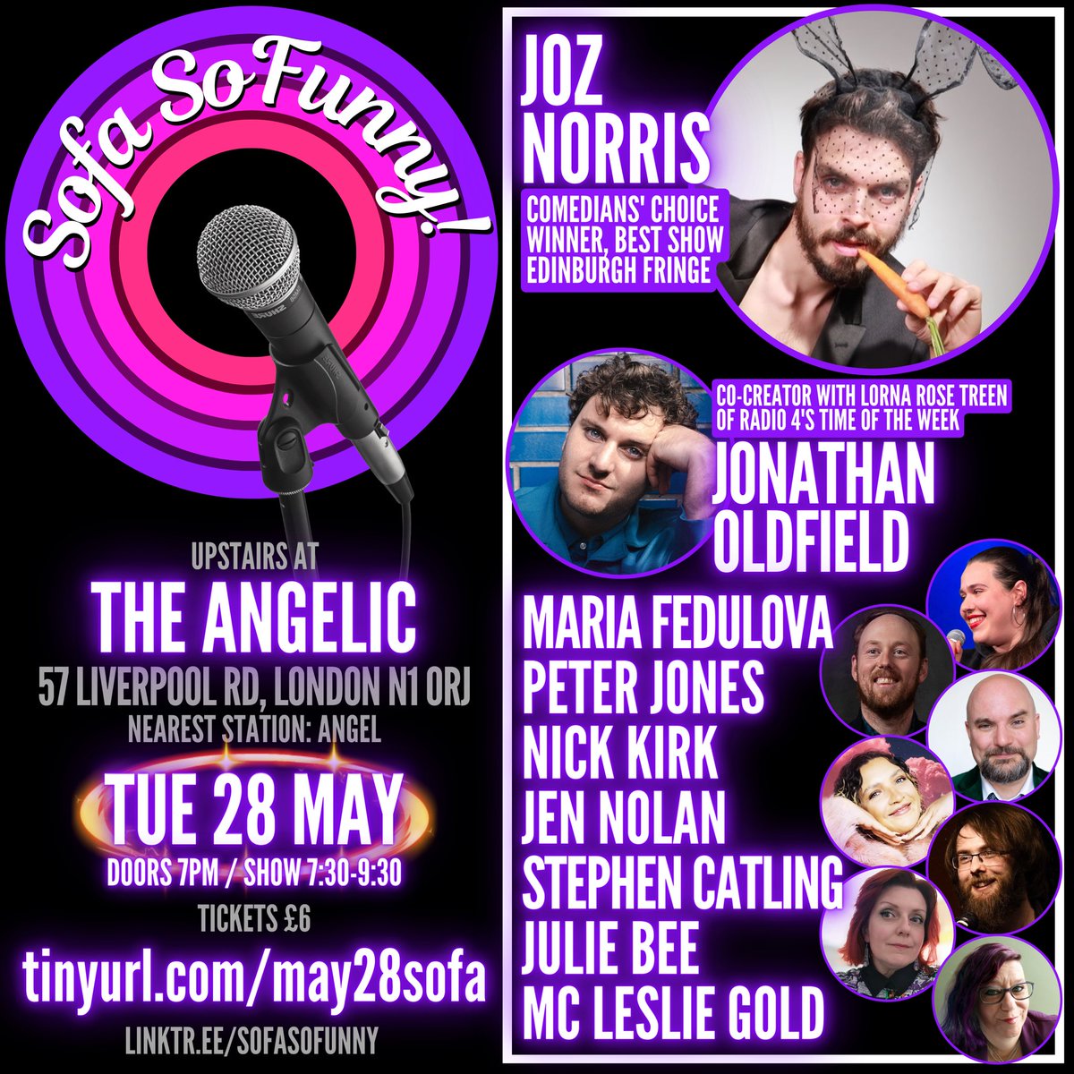 📣 Official poster merch 📣 Great comics, friendly vibes, for the cost of a pint.💥 ⭐️ @joznorris ⭐️ @jon_w_oldfield ⭐️ Maria Fedulova ⭐️ @PeterTheJones ⭐️ @thatbaldyfella ⭐️ @JenNolanComedy ⭐️ @Mooseface42 ⭐️ @Stressbaker ⭐️ MC @realLeslieGold 🎟 tinyurl.com/may28sofa