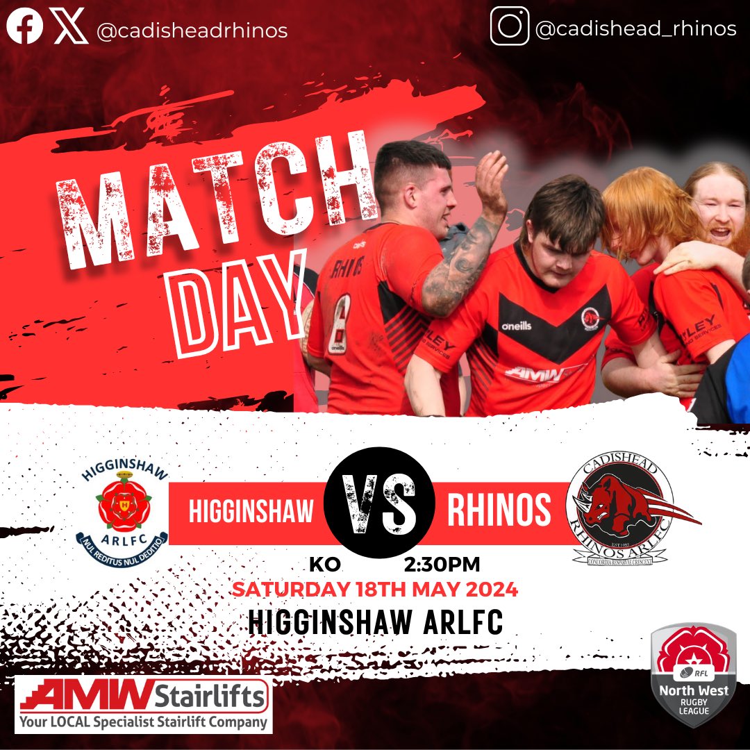 Our Men’s team are heading over to Oldham tomorrow as they face Higginshaw Arlfc.

HIGGINSHAW vs RHINOS
🗓️Sat 18th May
⏰ 14:30
📍OL1 3QT

Sponsored by @AMWStairlifts 

#321Rhinos
#CommunityClub
#rugbyleague
