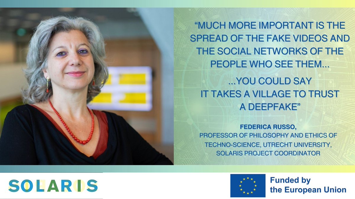 📣 Check out the new article from the @UniUtrecht  the new coordinator of SOLARIS, presenting the project and our team leader, Federica Russo.
Read more here: bit.ly/3K8Zaxe
#EU_Solaris #AI #UtrechtUniversity #AI #Deepfakes
@Agenzia_Ansa