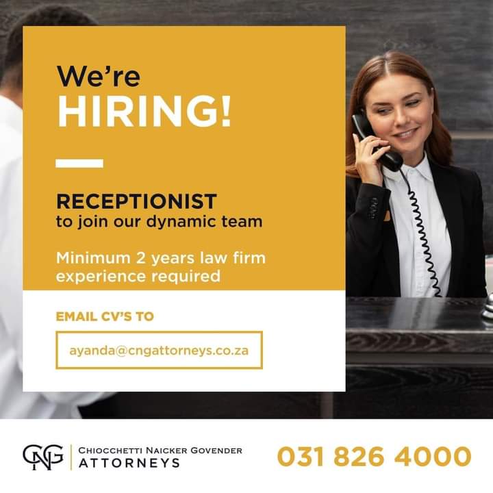 CNG Attorneys is looking for a new receptionist to join our amazing team! Minimum 2 years experience as a legal receptionist. If you think you have what it takes, email Ayanda at ayanda@cngattorneys.co.za