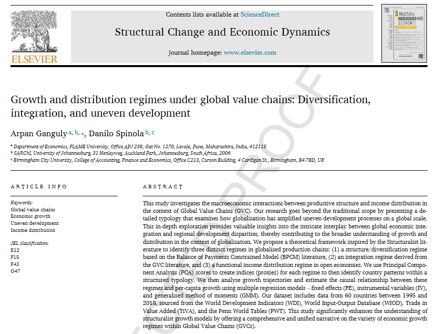 New article @SCEDjournal on the macroeconomics of Global Value Chains w/ @ArpanG85. We explore growth regimes tied to integration, structure, and distribution, highlighting their impact on economic growth and the importance of holistic ind. policy. sciencedirect.com/science/articl…