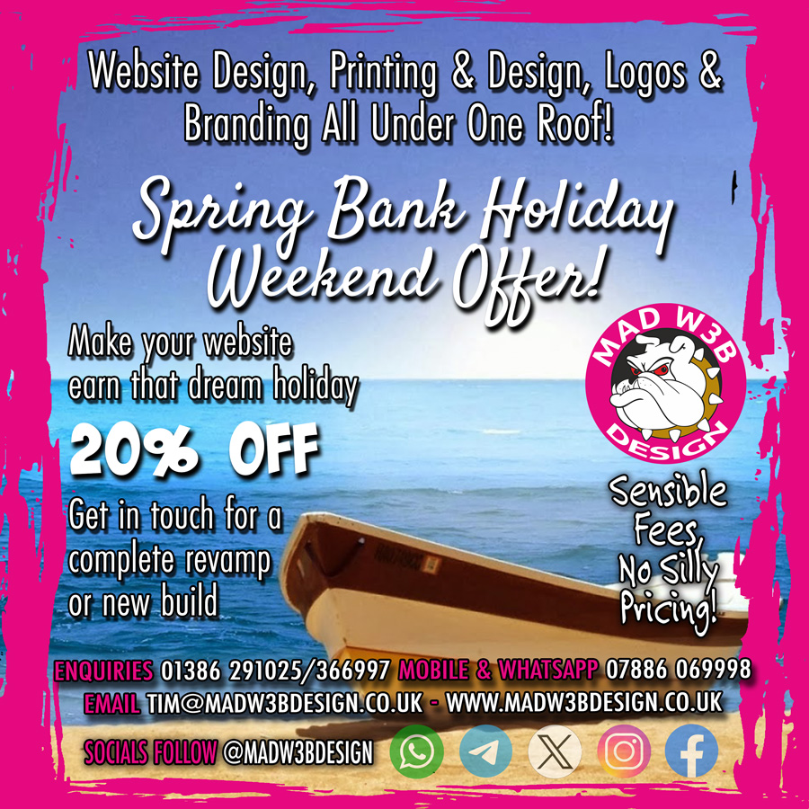 📢May Spring Bank Holiday Offer⤵️ 🗣️Mad W3b's unrivalled package 📋20% Discount👀 💷On NEW website orders placed & paid in full by 31/05/2024 ☀️Enjoy the sun while your website works for you 📱Mobile/WhatsApp 07886069998 ☎️01386 291025 🌐madw3bdesign.co.uk/2024/05/03/may…