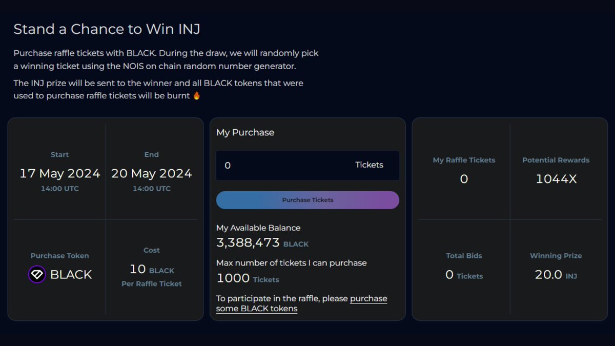 The first ever raffle burn will be coming to @injective 🤯 Each raffle ticket costs 10 $BLACK. Each user may purchase up to 1000 tickets 🤝 The winning ticket will receive a prize of 20 $INJ and all the $BLACK tokens will be burnt 🔥 Starting in 2.5 hours at 10am EST 🚀