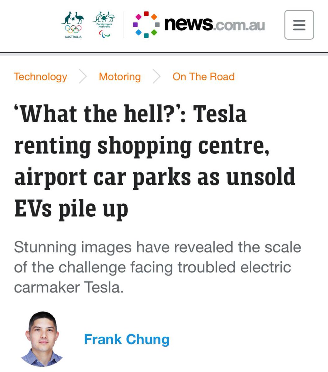 🤓🤷🏻‍♂️🇦🇺 Go woke. “Tesla is renting out shopping centre car parks to store unsold models as the electric carmaker faces flagging consumer demand and growing competition from cheaper Chinese competitors. First-quarter sales figures released by Tesla last month revealed it