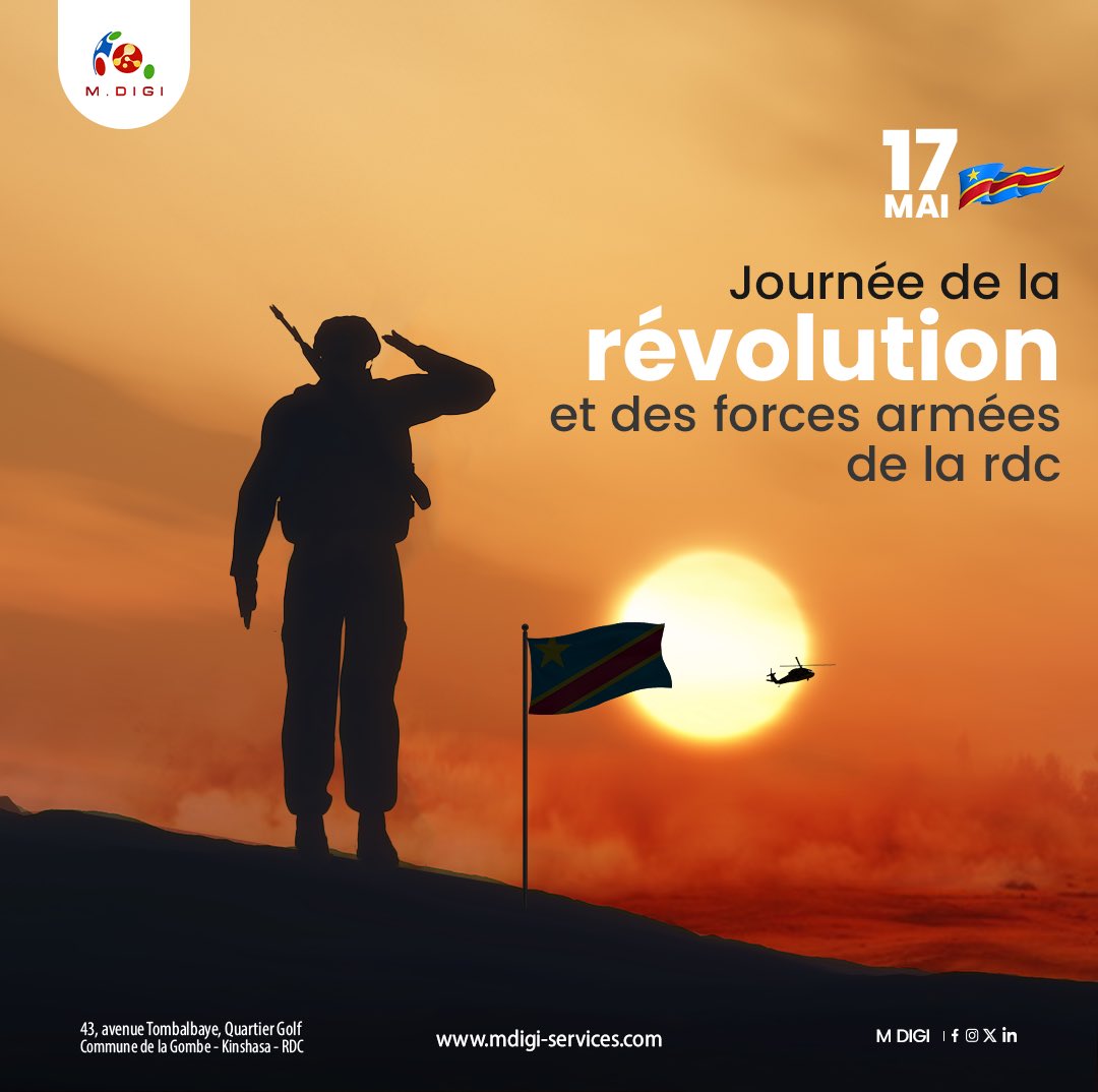 MDIGI01's tweet image. En cette date du 🗓️17 mai 2024, nous commémorons la journée dédiée aux forces armées ⚔️de notre pays la RDC. 🇨🇩

#commémoration #celebration #enjoy #mood #journeé #rdc #rdcongo #news #kinshasa #lemondedigitalàvotreportee #17mai #solutionsnumériques #entreprises