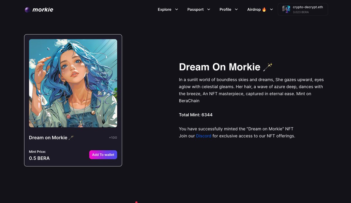 🪖#NFT to #mint on the #berachain_testnet, #quest on #morkie 🪂

morkie.xyz/dream

#AirdropSeason #AirdropCrypto #airdropalertdaily #FreeMoney #InvestorAlert