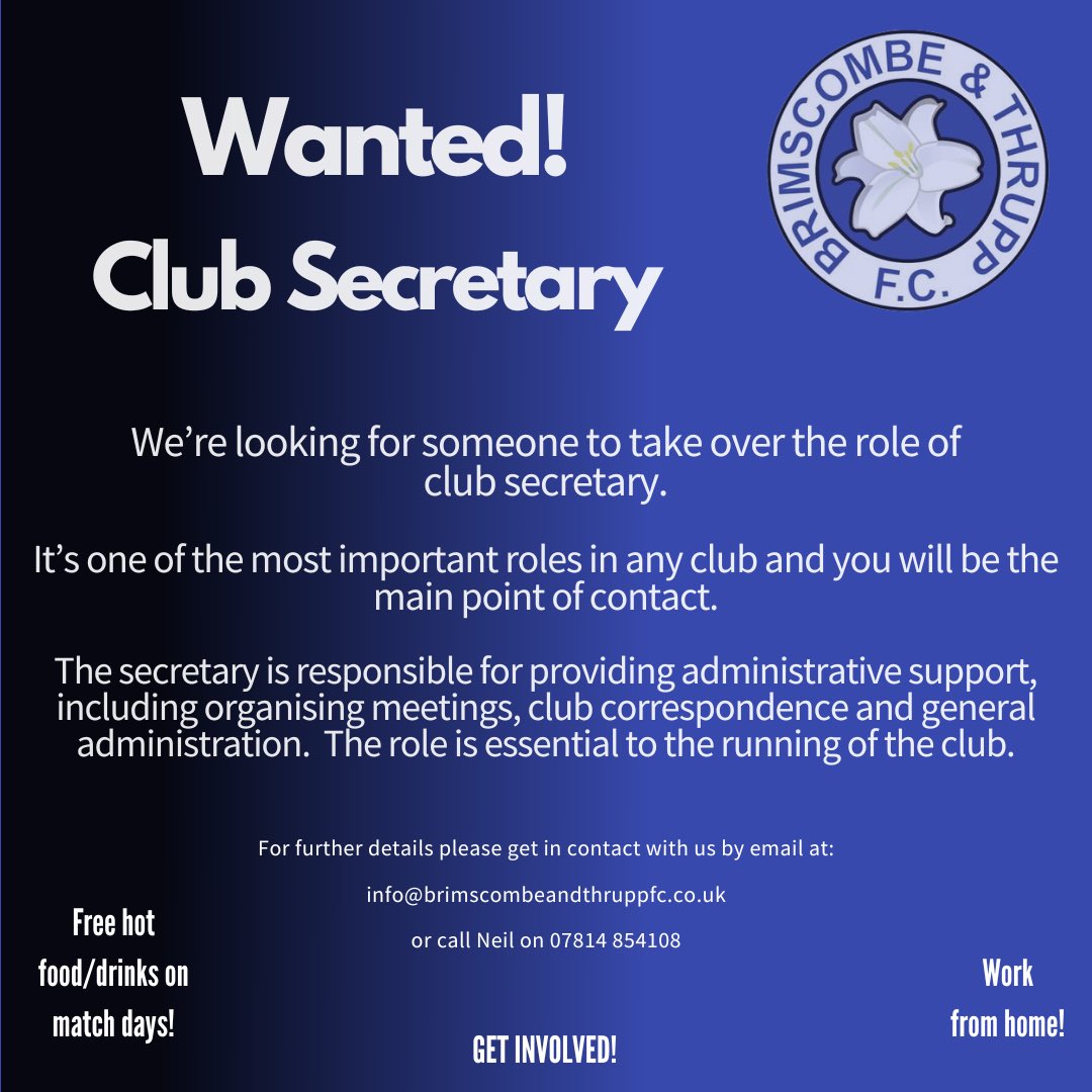 Great opportunity for a budding club secretary!

Email address updated - that’s why we need a club secretary 😂

@HellenicLeague 
@SevernSport 
@StroudTimes 
@NonLeaguePaper 
@JonPalmerSport