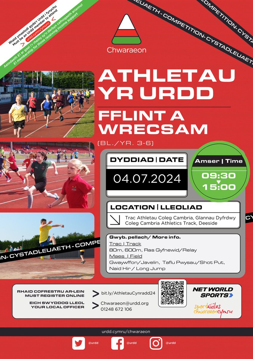 🏃Cystadleuaeth Athletau 🏃‍♀️ 📍 Coleg Cambria Glannau Dyfrdwy 👀 Bl.3-6 📆 04/07/24 Cofrestrwch eich ysgol! Linc i gofrestru - cognitoforms.com/UrddGobaithCym…