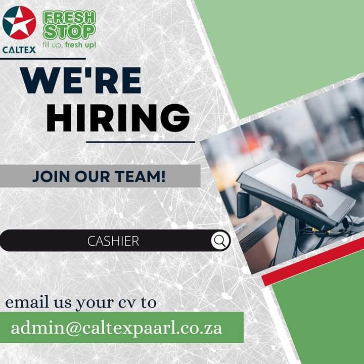 Caltex Fresh Stop is hiring a Cashier and a Deli Assistant in 393 Main Road, Lemoenkloof, Paarl Send your CV to admin@caltexpaarl.co.za #caltex #caltexfreshstop #freshstop #jobvacancy #joinus